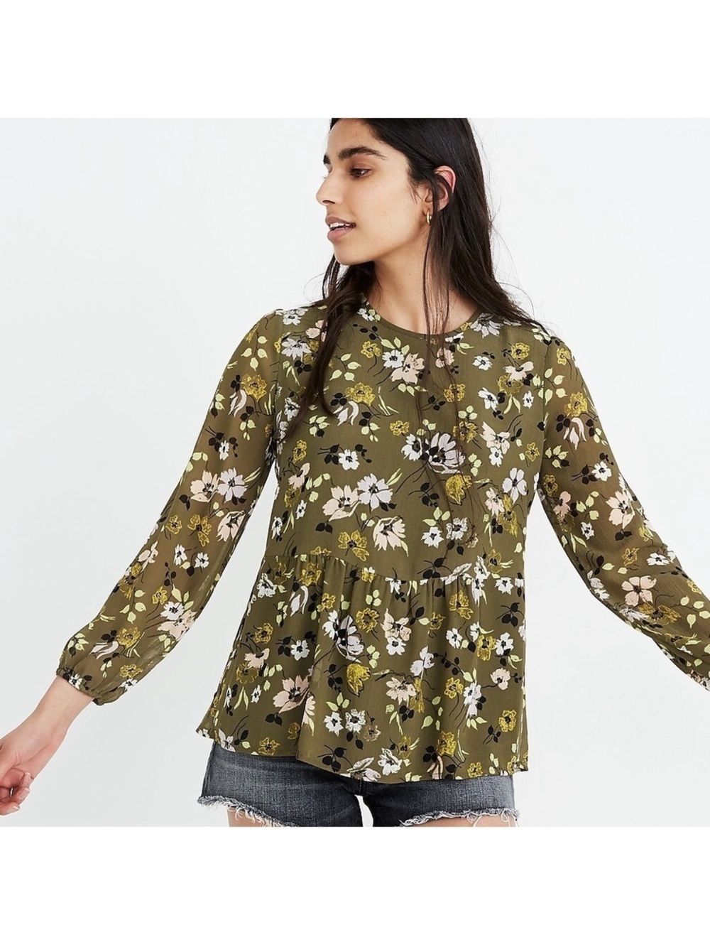 Madewell Georgette Green Multicolor Floral Peplum Top